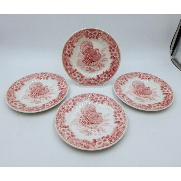 Churchill Thanksgiving Salad Transferware Plate S/4 Red 8" Turkey Myott Factory - Picture 1 of 11